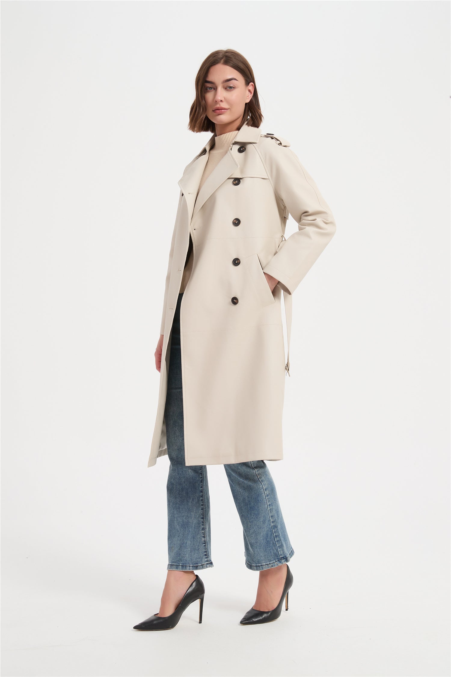 Women  PU trench coat（faux leather）