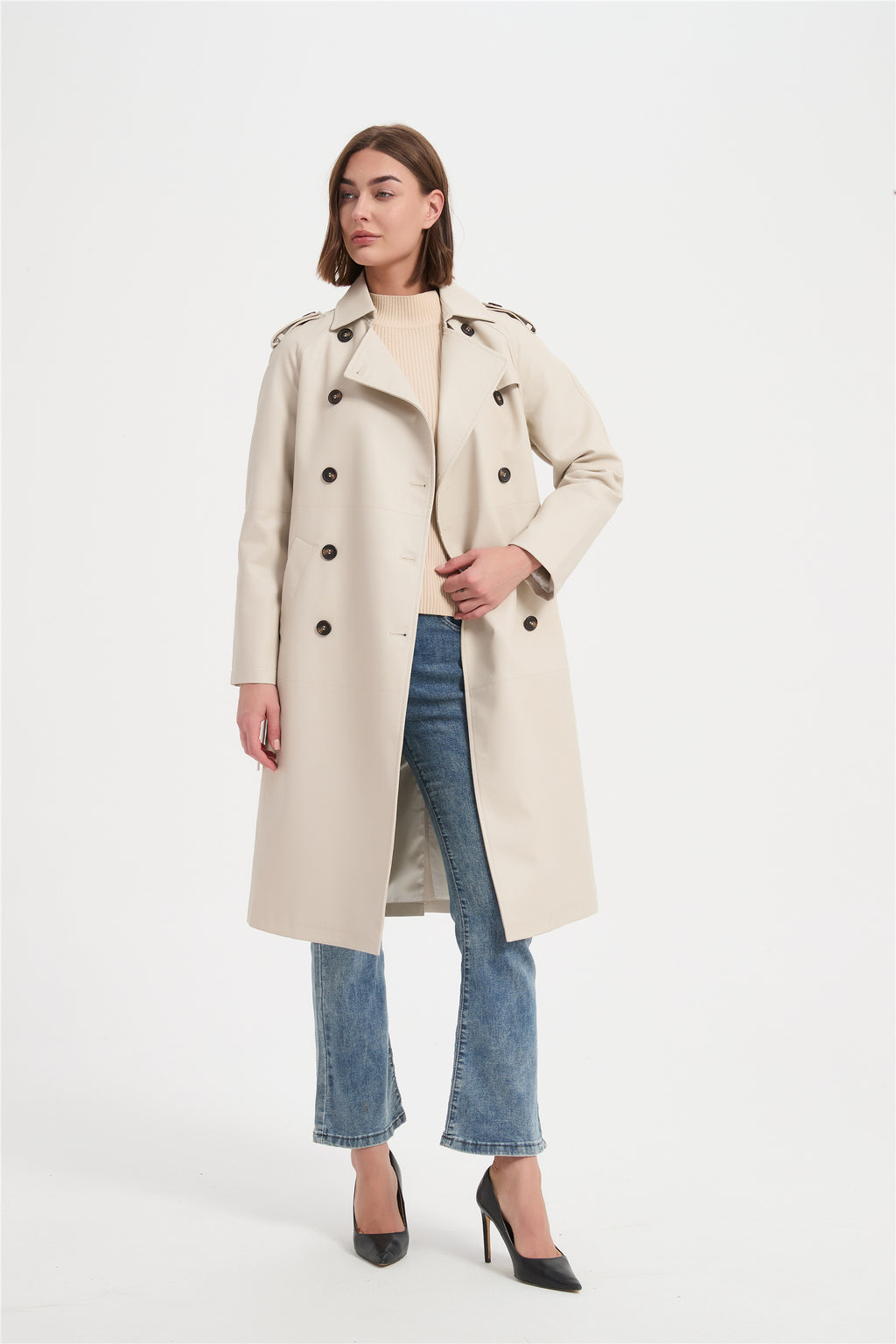 Women  PU trench coat（faux leather）