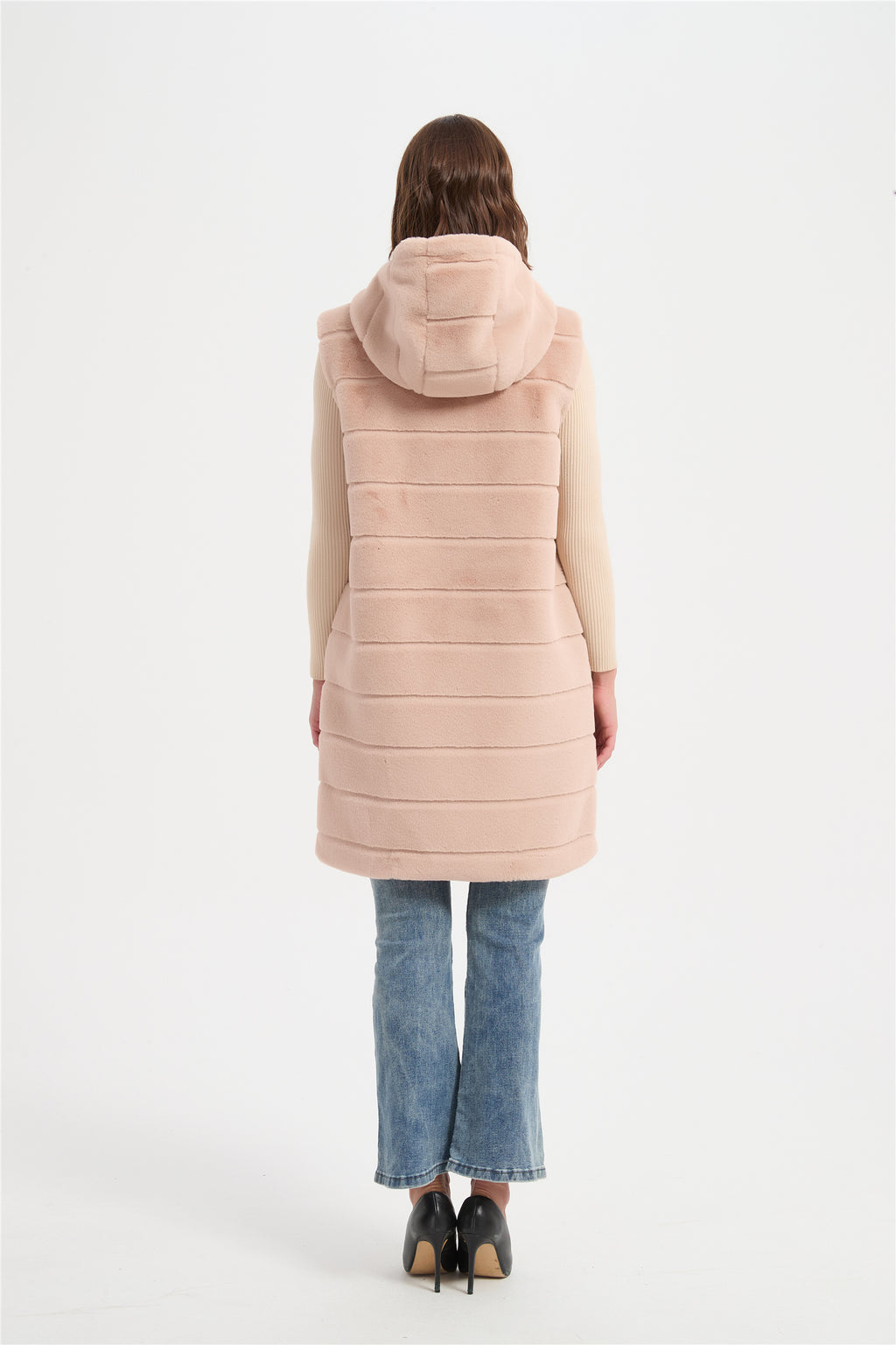 Women  faux rabbit fur with cut line long vest