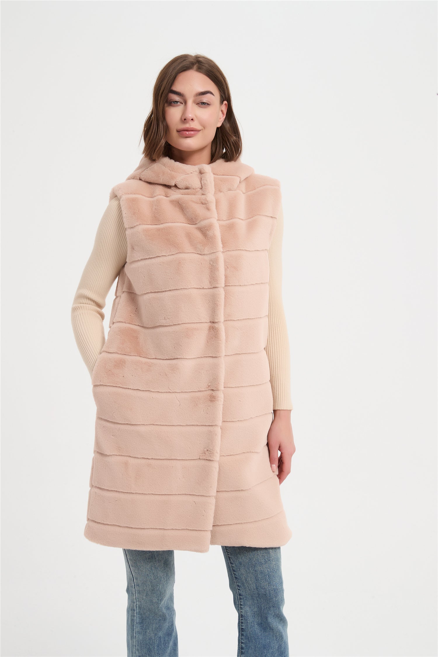 Women  faux rabbit fur with cut line long vest