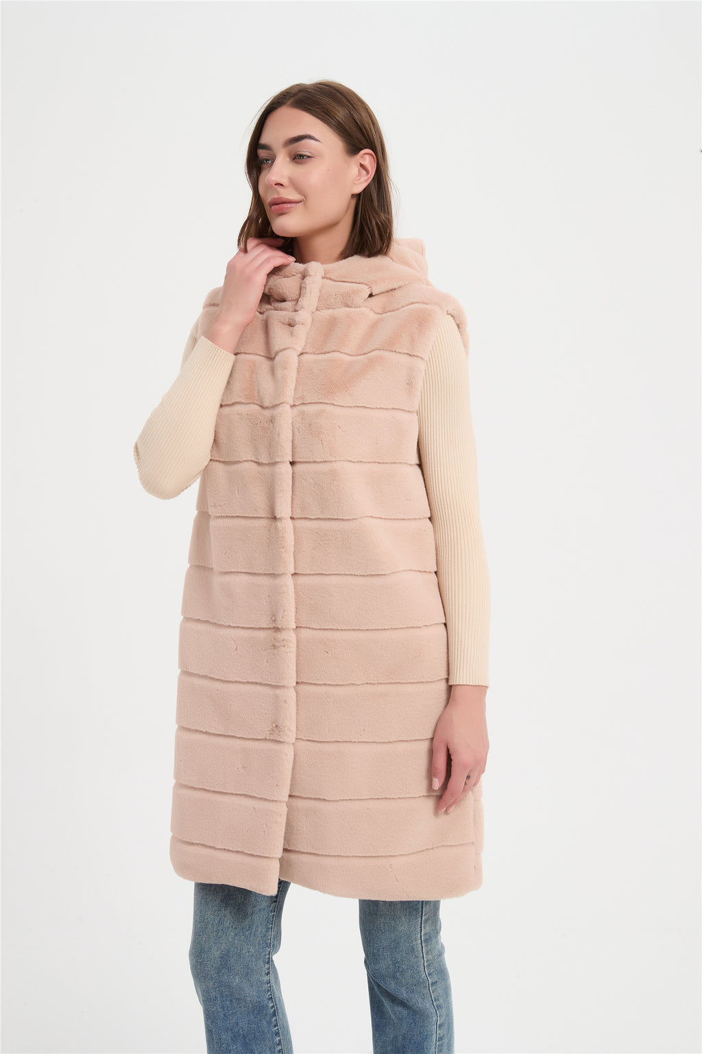 Women  faux rabbit fur with cut line long vest