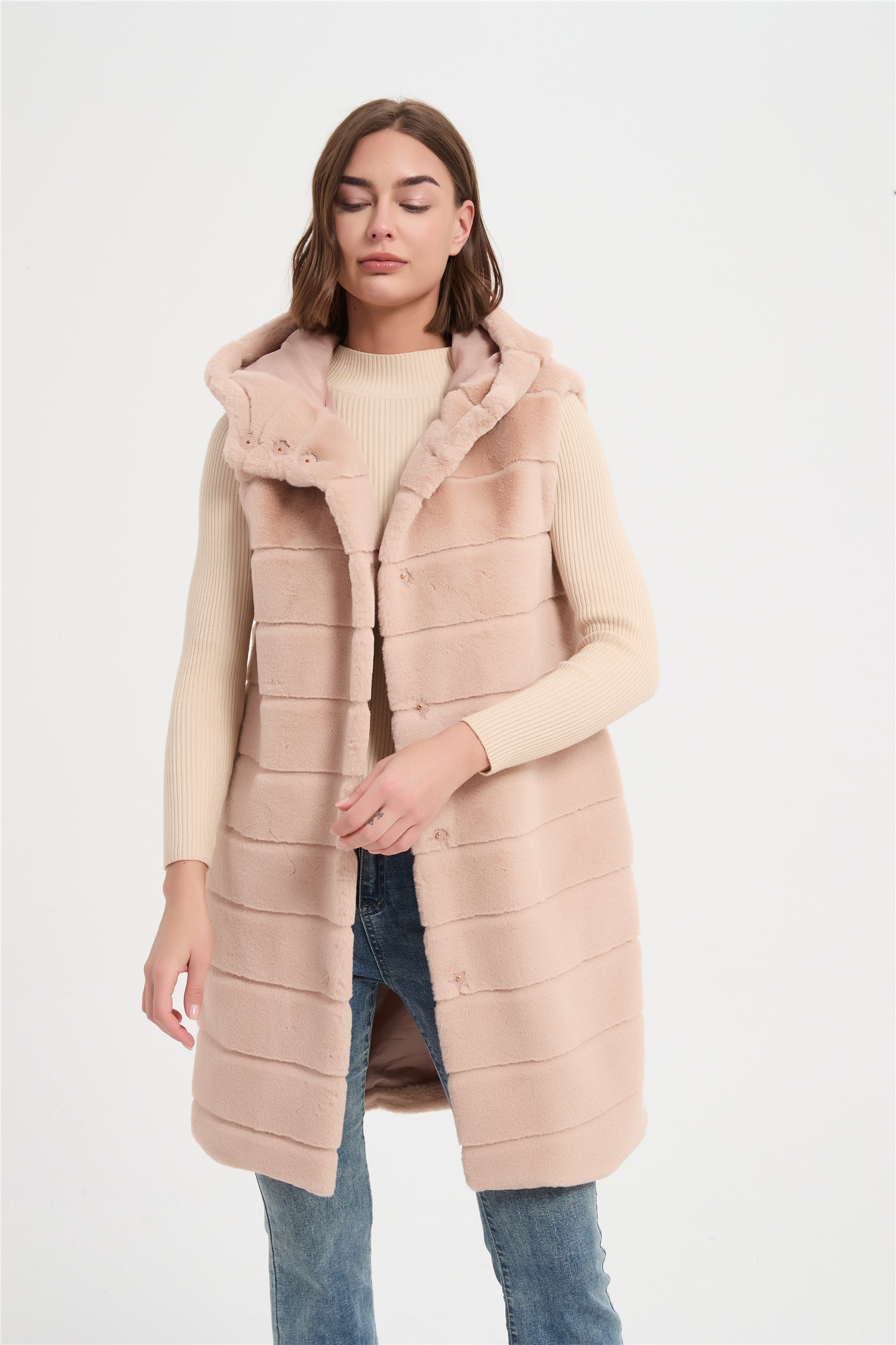 Women  faux rabbit fur with cut line long vest