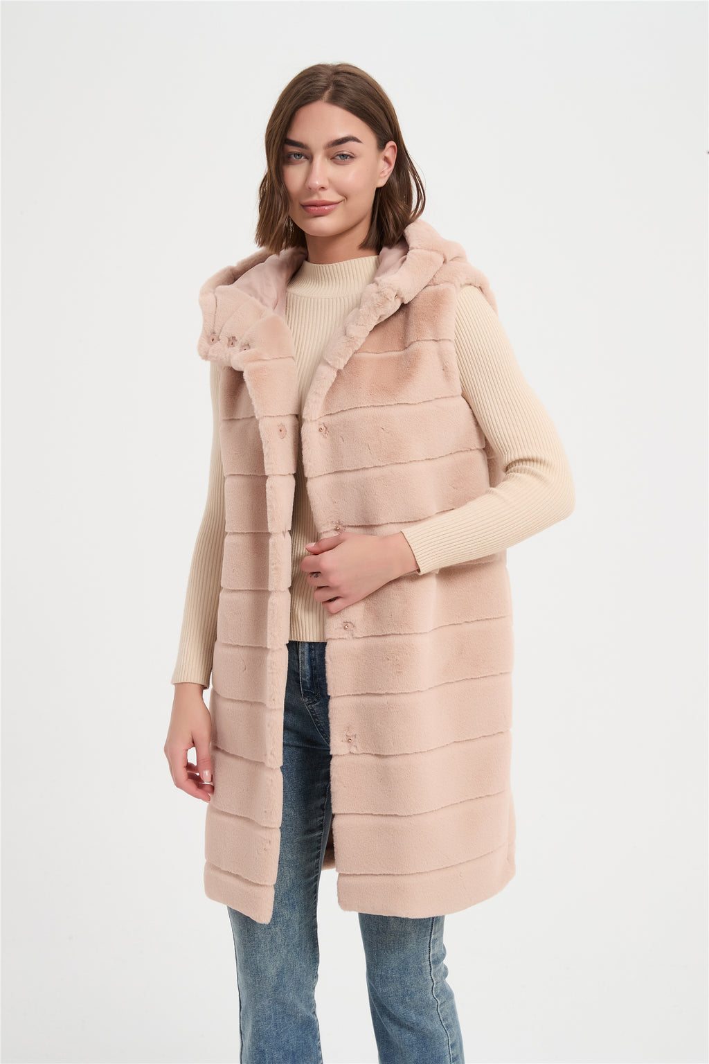 Women  faux rabbit fur with cut line long vest