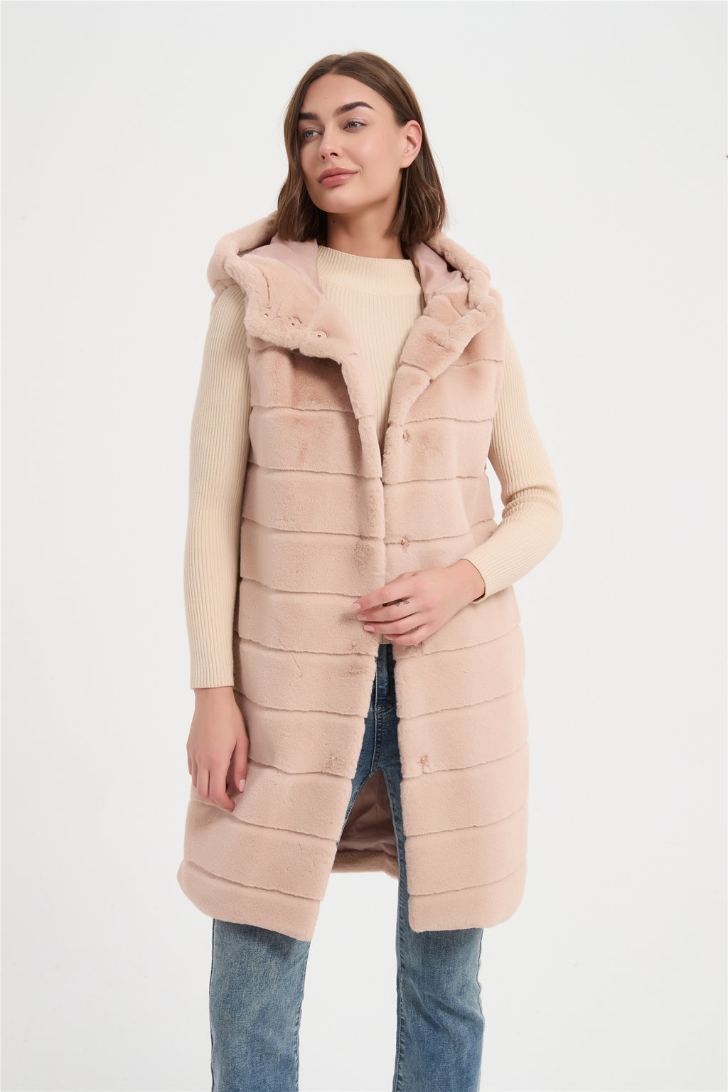 Women  faux rabbit fur with cut line long vest