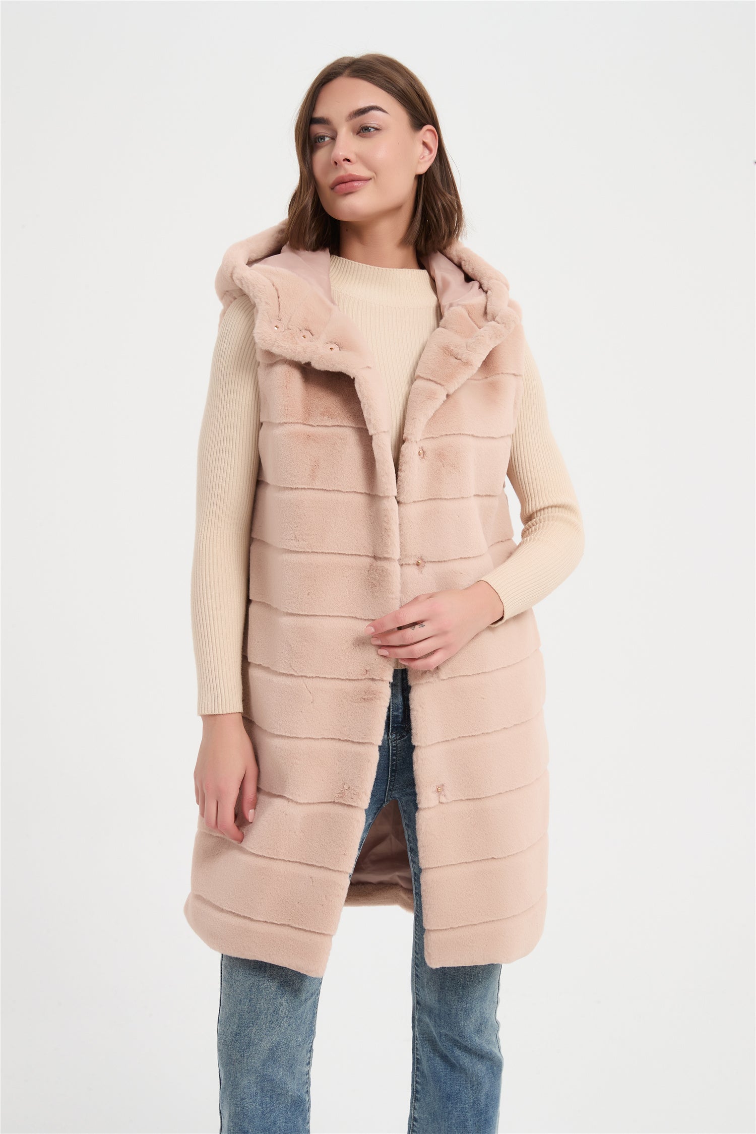 Women  faux rabbit fur with cut line long vest