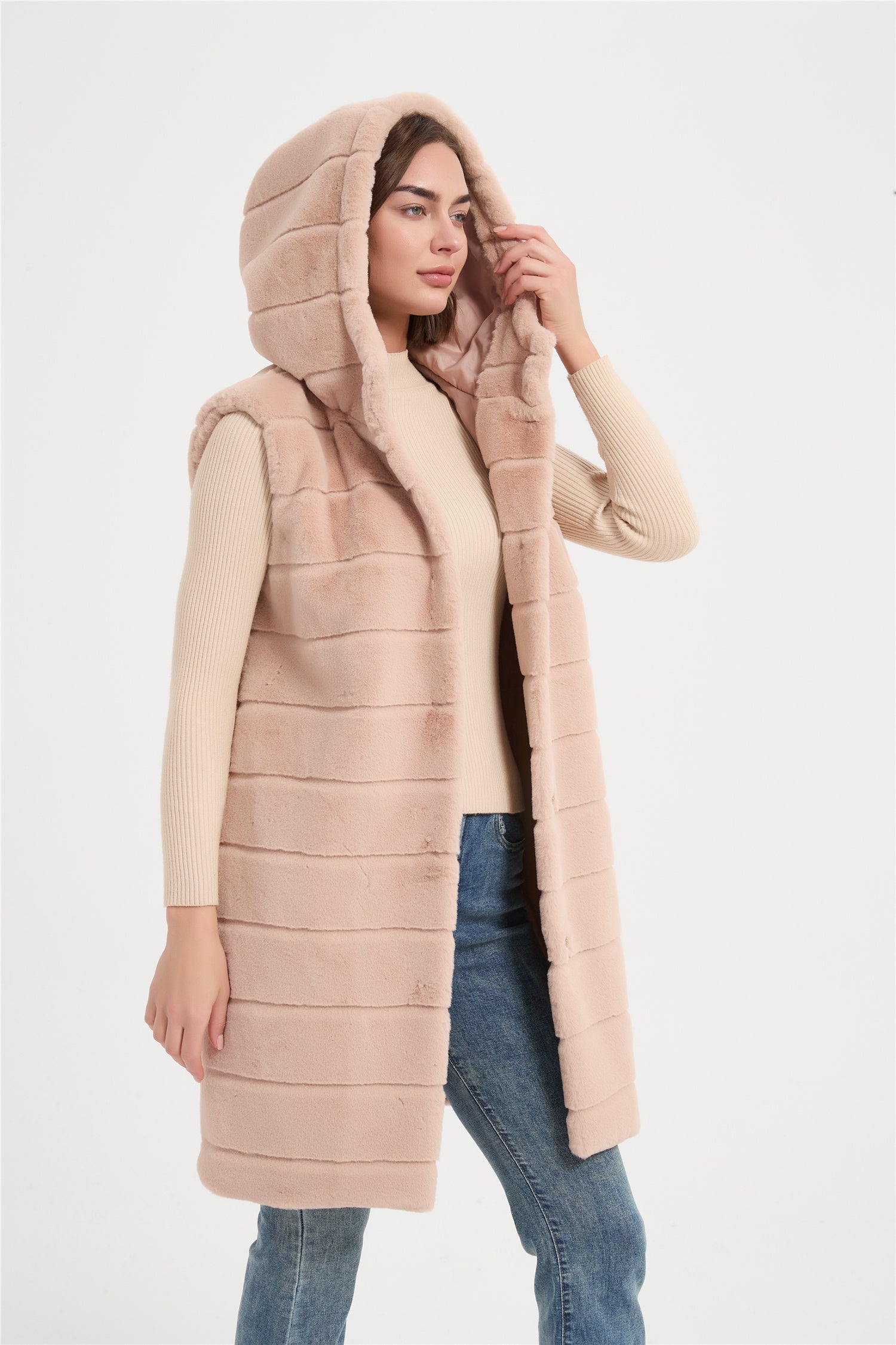 Women  faux rabbit fur with cut line long vest