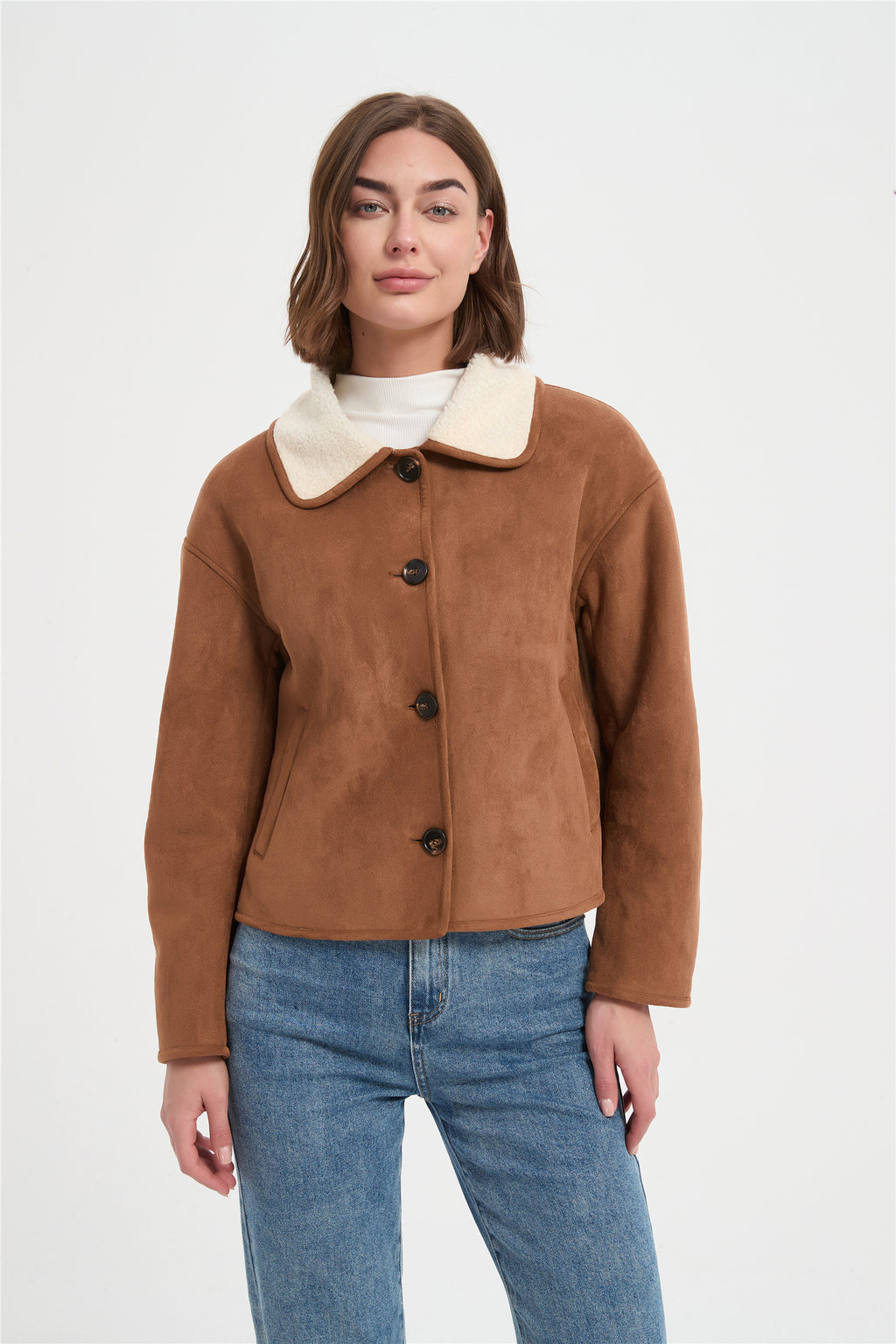 Women suede bound sherpa warm jacket