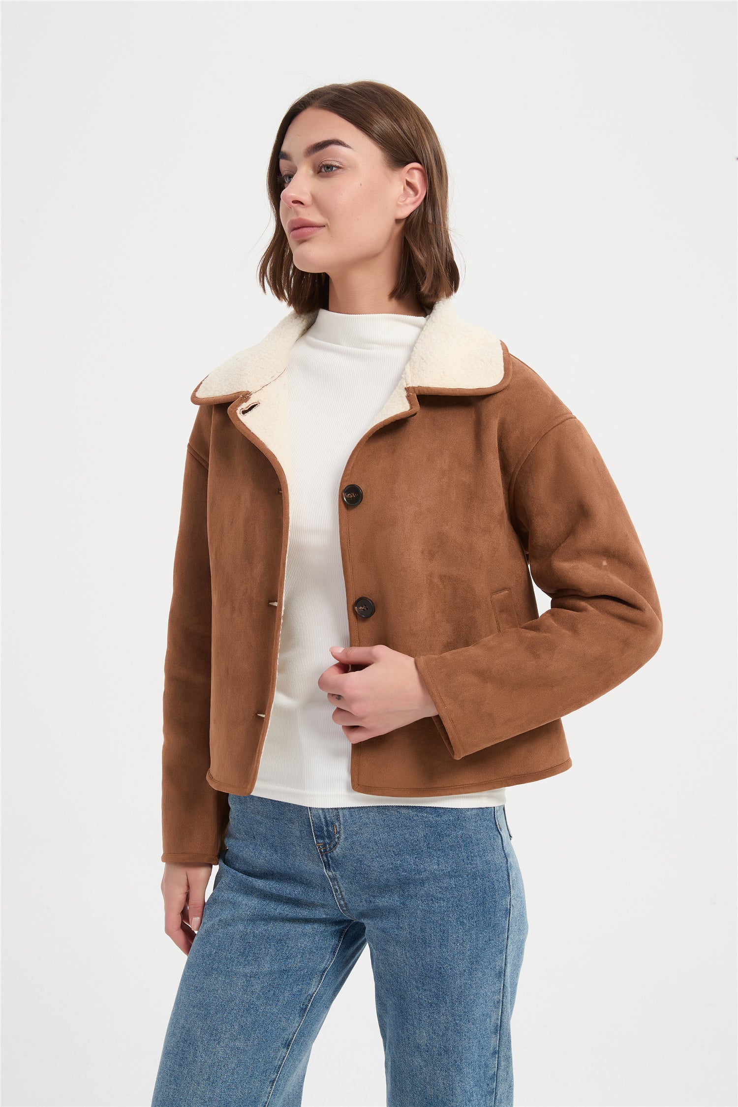 Women suede bound sherpa warm jacket