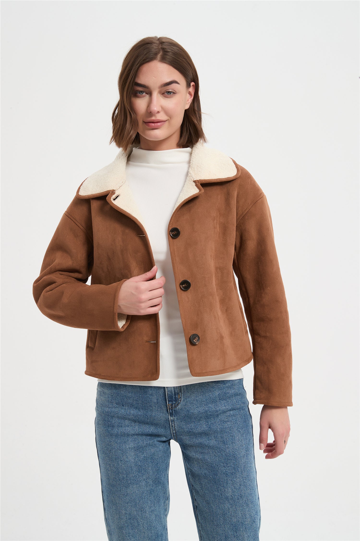 Women suede bound sherpa warm jacket