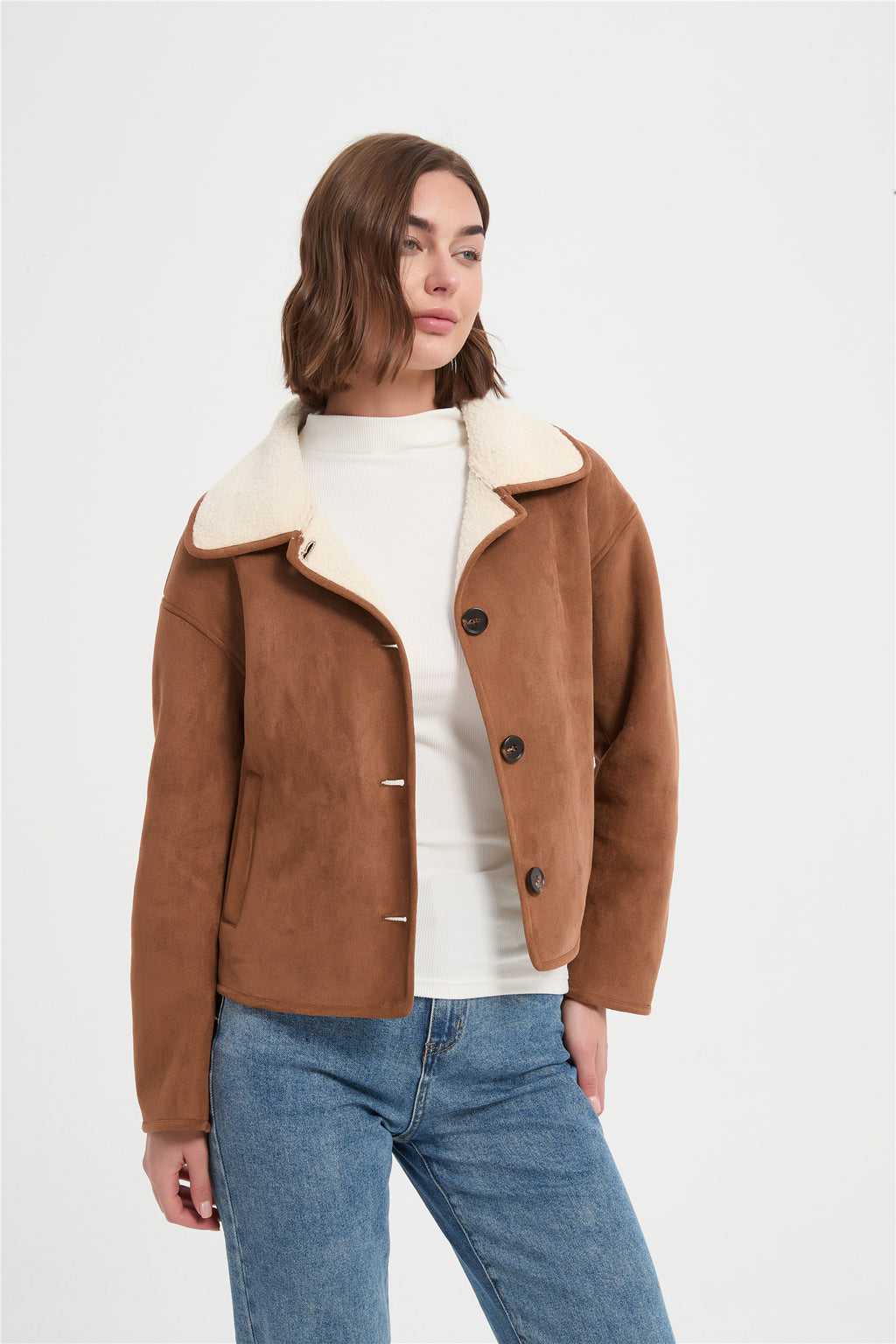 Women suede bound sherpa warm jacket