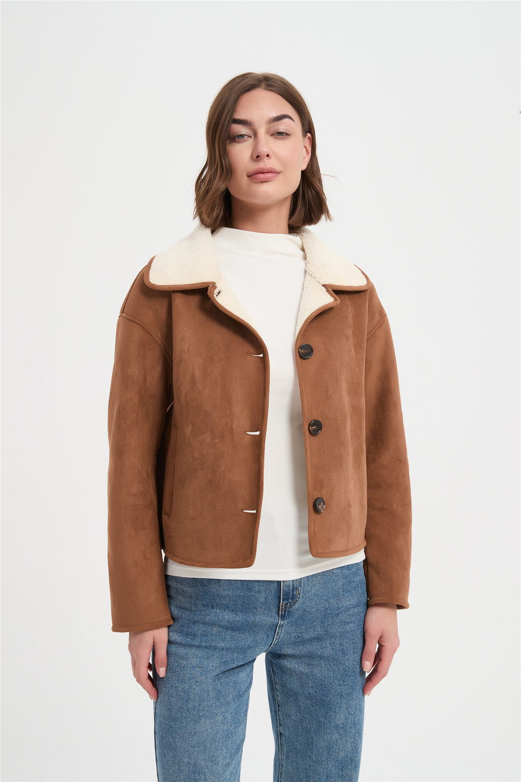 Women suede bound sherpa warm jacket