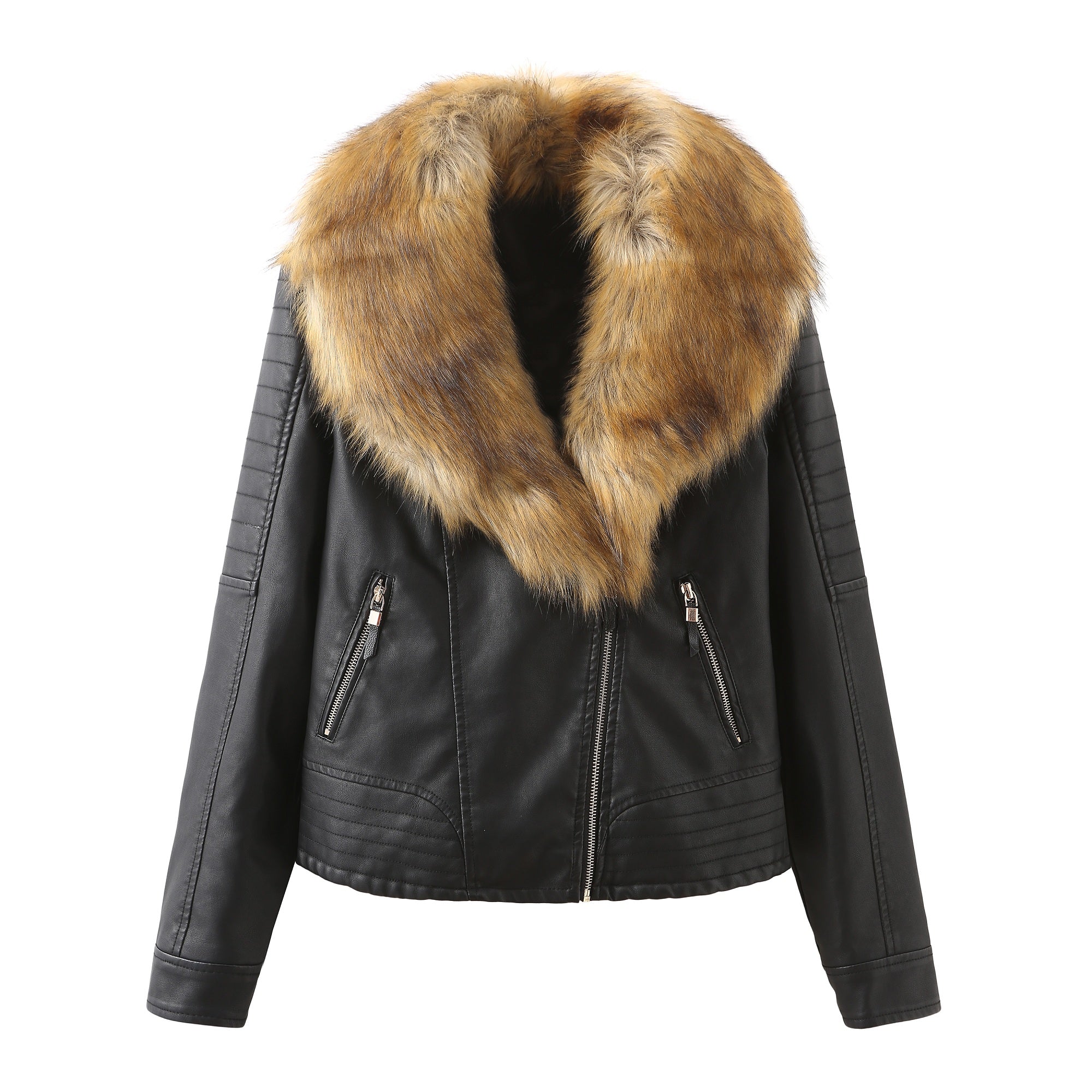 Women PU faux fur collar jacket