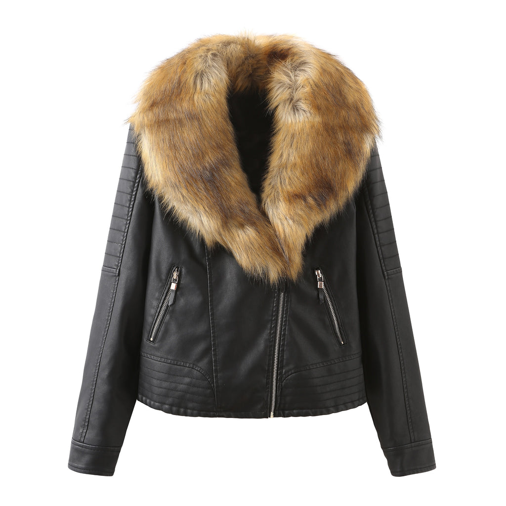 Women PU faux fur collar jacket