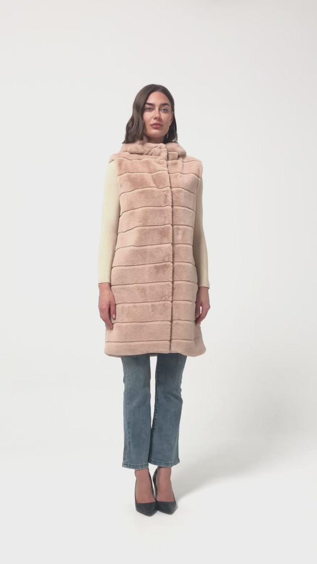 Women  faux rabbit fur with cut line long vest